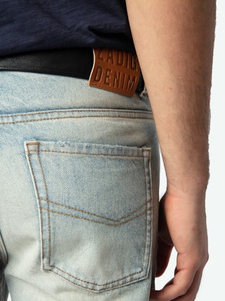 Jeans John - Straight jeans with holes and wear, zip fastening.