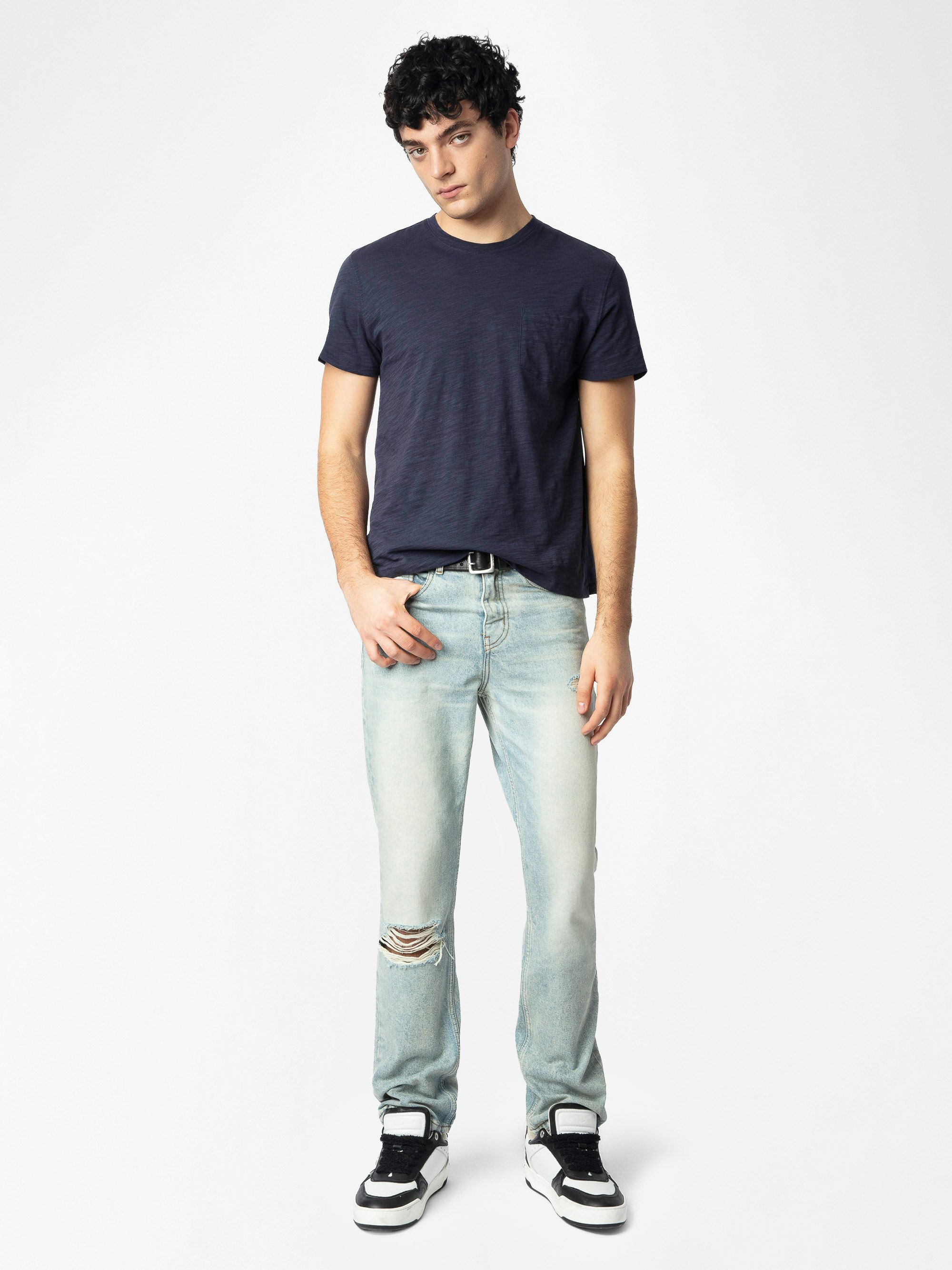 John Jeans - Straight jeans with holes and wear, zip fastening.