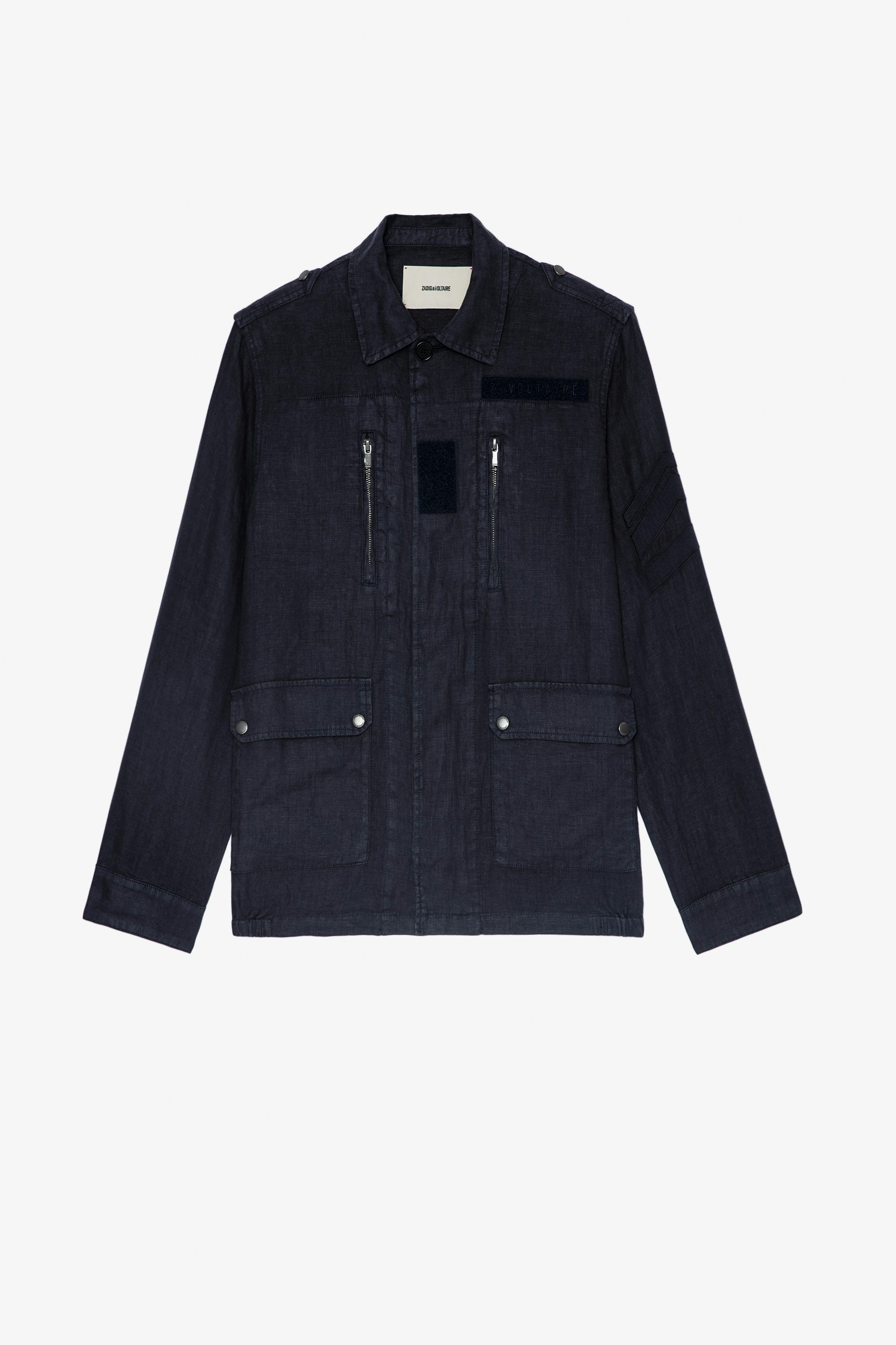 Kido Jacket Men's short military parka in navy blue linen with an arrow on the left sleeve