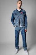 Base Denim Jacket - Men's blue denim jacket with embroidered skull. Made with fibers from organic farming.