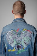 Base Denim Jacket - Men's blue denim jacket with embroidered skull. Made with fibers from organic farming.