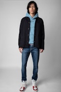 Light Bertie Jacket - Men’s navy blue cotton jacket with ‘Art is truth’ and skull patches on back