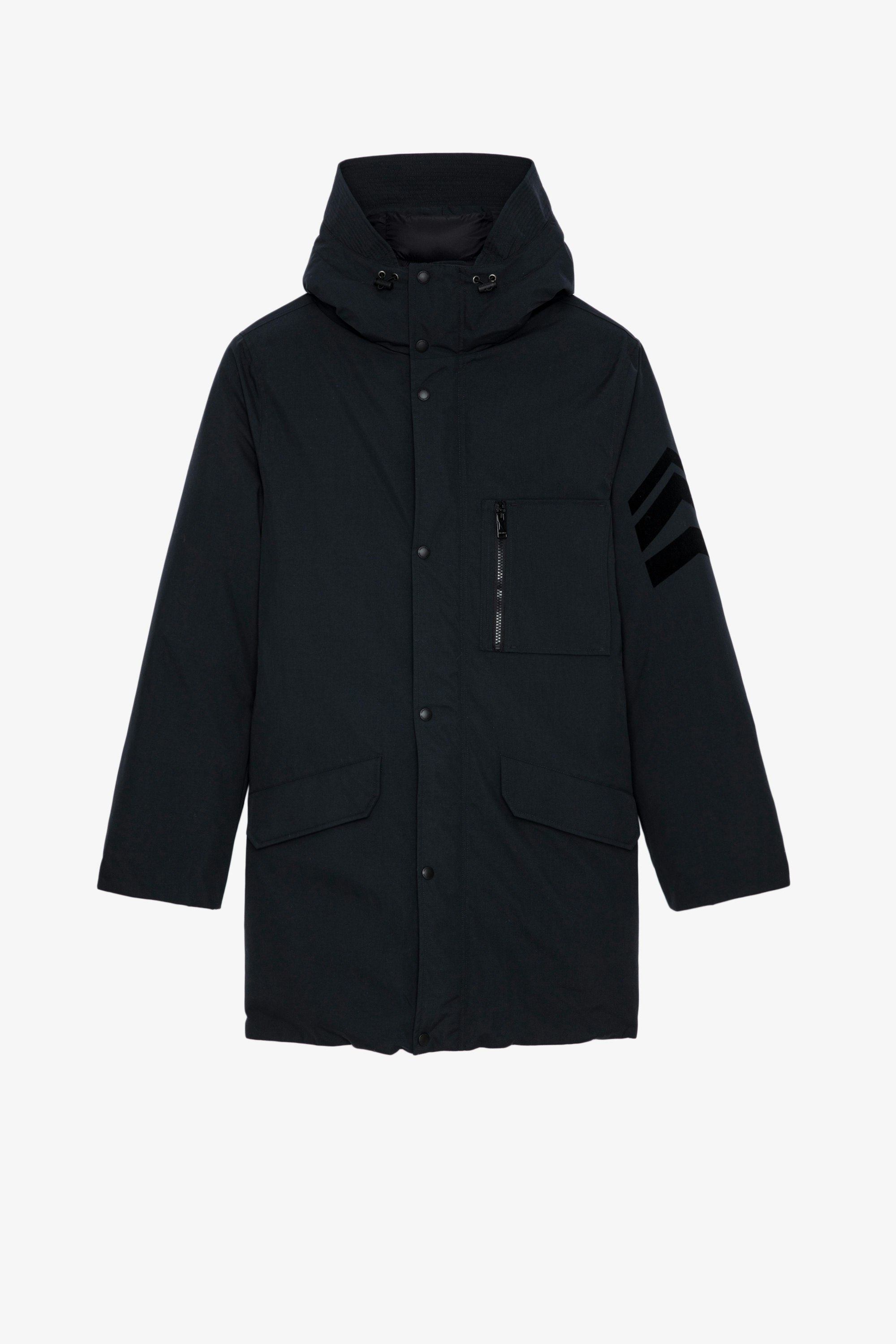 Kimmy Technical Parka Men ‘s quilted technical parka in black nylon with oversized hood and arrows on the sleeve
