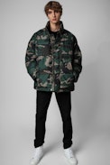 Bristol Down Jacket - Men’s oversized khaki technical down jacket with camouflage print on one side and plain black on the other side