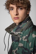 Bristol Down Jacket - Men’s oversized khaki technical down jacket with camouflage print on one side and plain black on the other side
