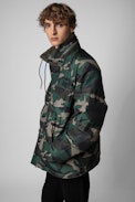 Bristol Down Jacket - Men’s oversized khaki technical down jacket with camouflage print on one side and plain black on the other side