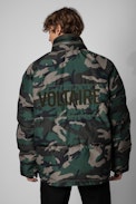 Bristol Down Jacket - Men’s oversized khaki technical down jacket with camouflage print on one side and plain black on the other side