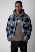 Hemdjacke Bali - Blaue, karierte Herren-Hemdjacke mit Totenkopfmotiv auf dem Rücken