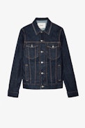 Base Denim Jacket - Men's denim jacket with red "Art is Truth" embroidery on back.