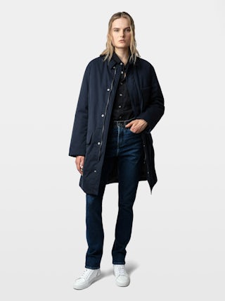 Coat Mel - Mid-length unisex coat with rubber studio patch at the back.