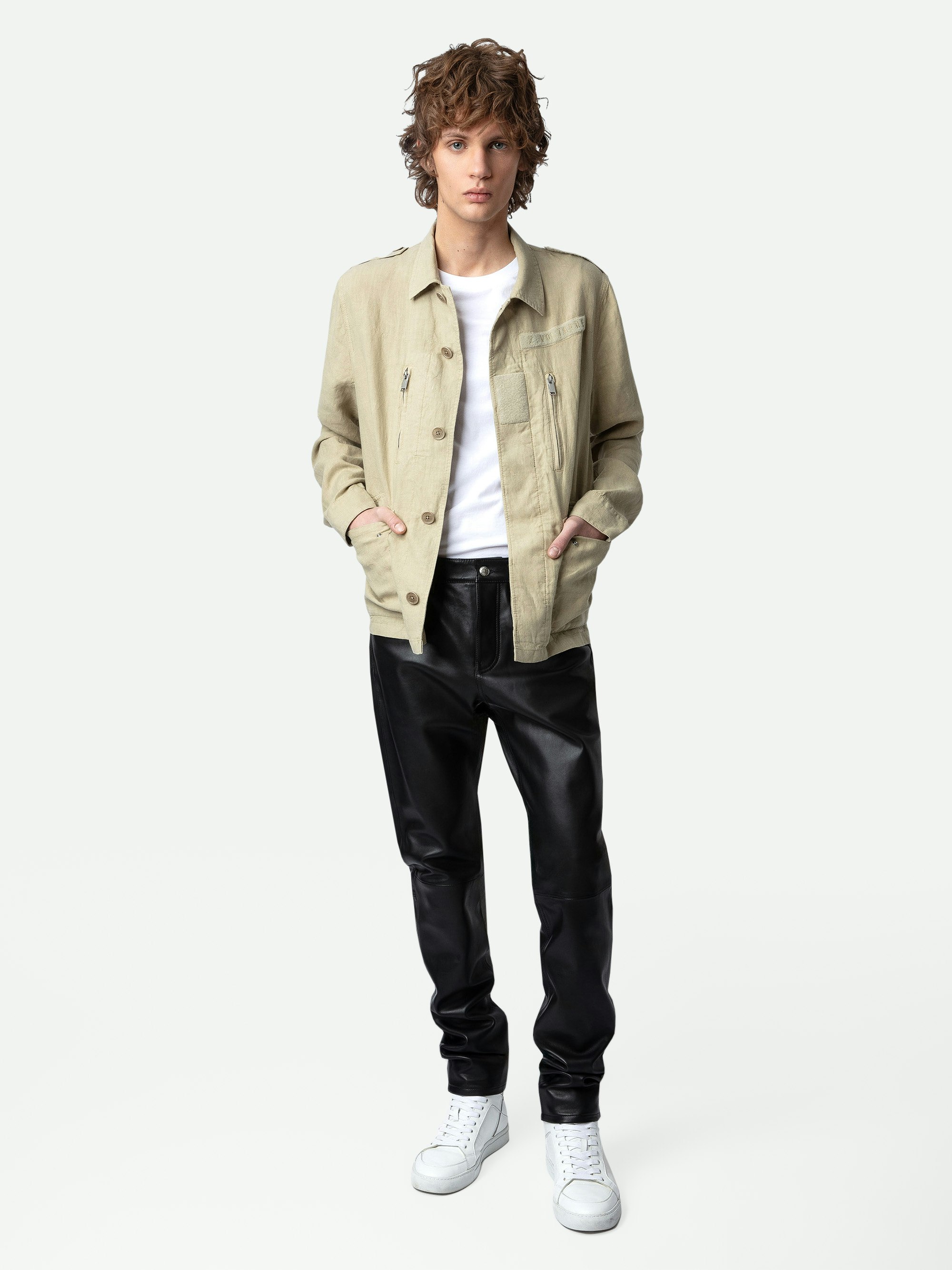 Kido Linen Jacket - Men's light beige military style jacket.