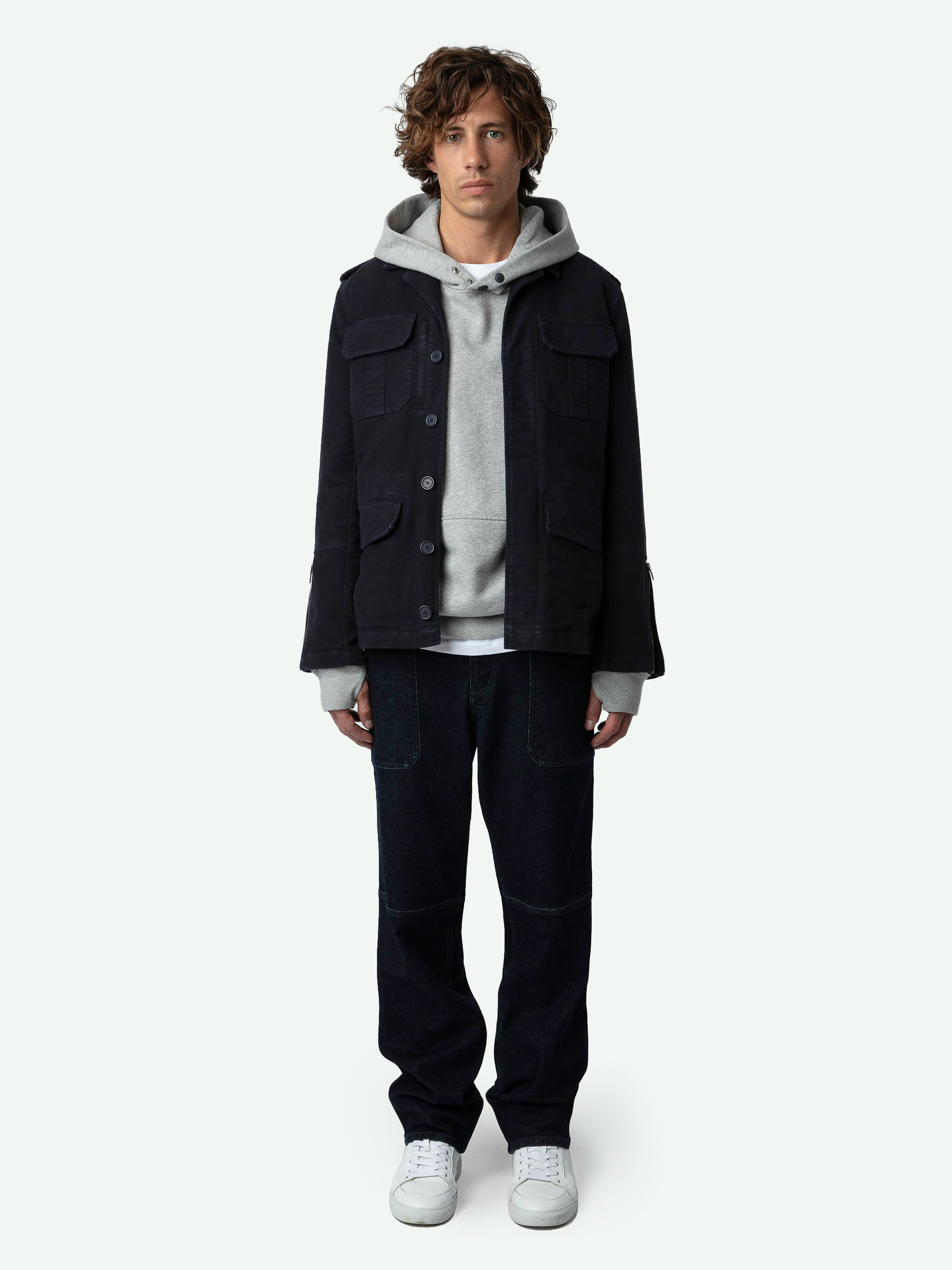 Keegan Parka - Short navy blue velvet-effect moleskin cotton parka with pockets.