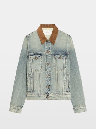 Veste Bases Denim - Veste en denim avec broderie ZV à l'arrière, manches longues et fermeture boutonnée.
