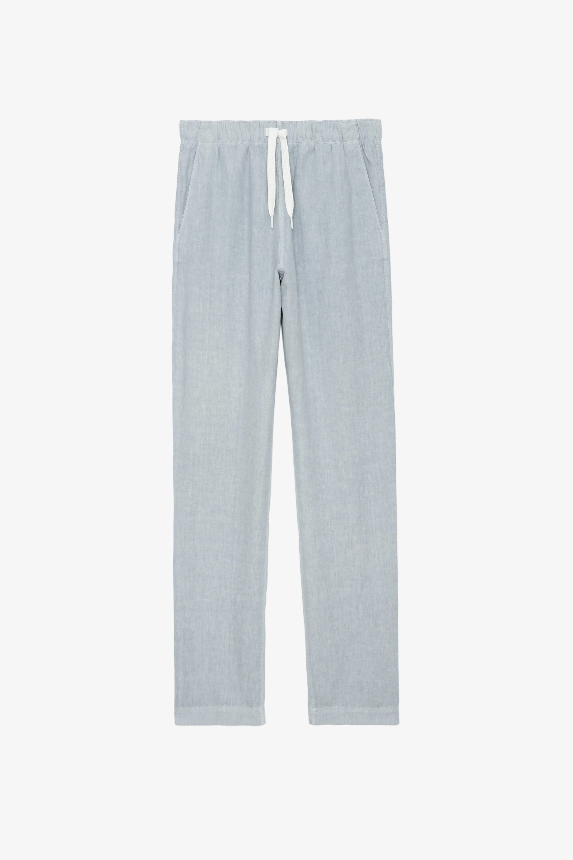 Pixel Linen Trousers - Sky blue washed linen trousers with pockets and drawstring ties.