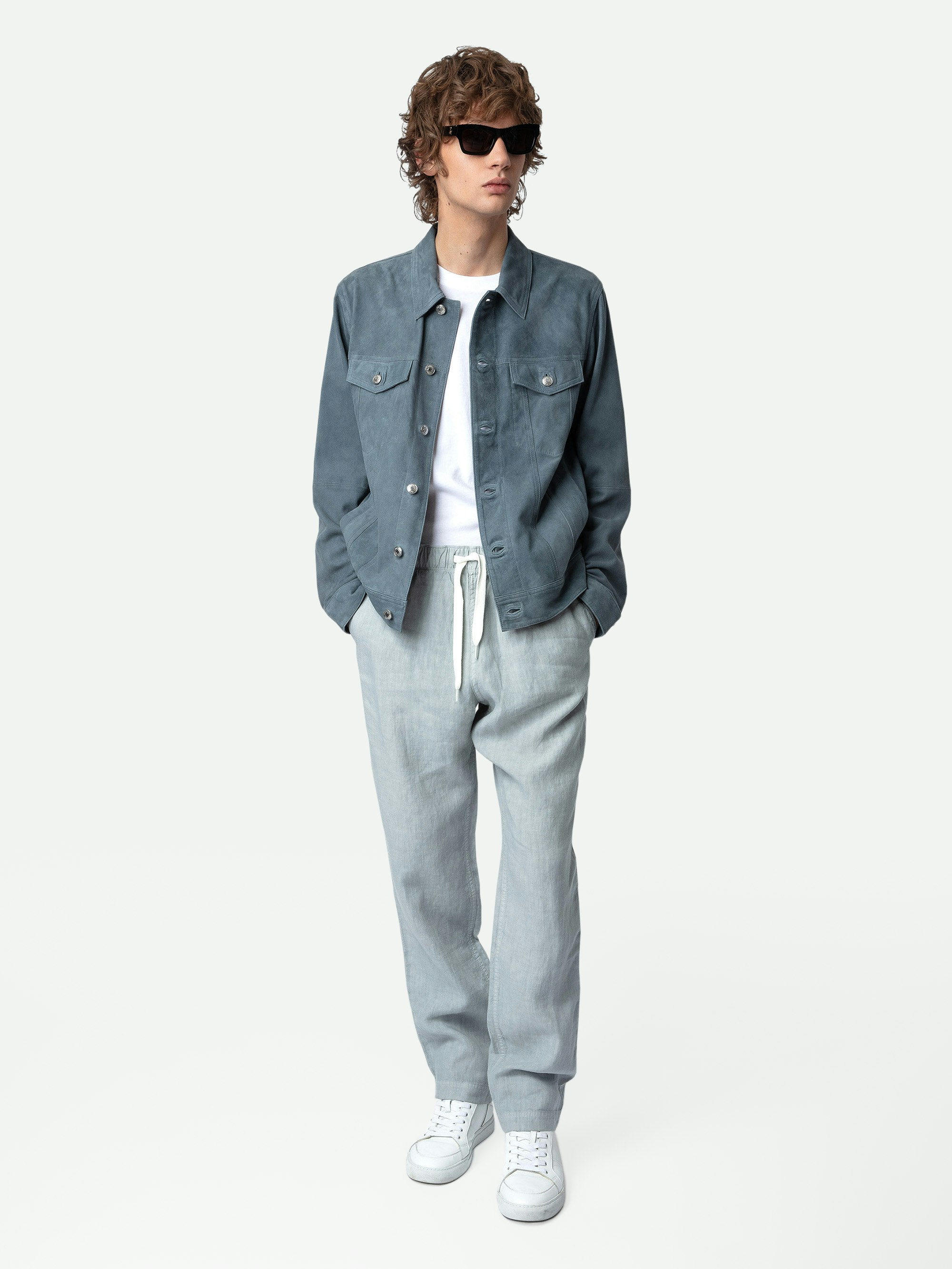 Pixel Linen Pants - Sky blue washed linen pants with pockets and drawstring ties.