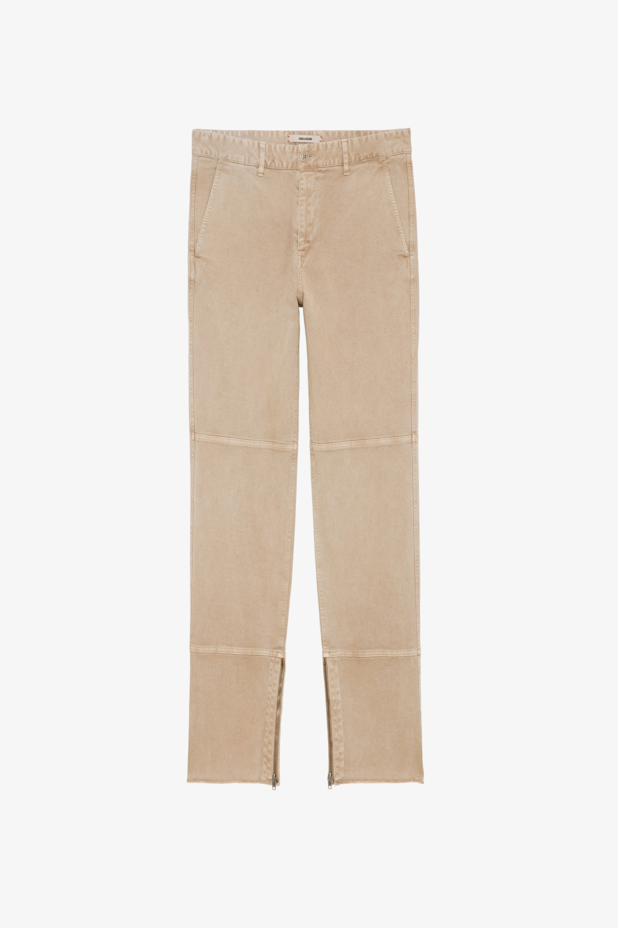 Pocky Trousers - Light beige cotton trousers with zip fly and raw edges.