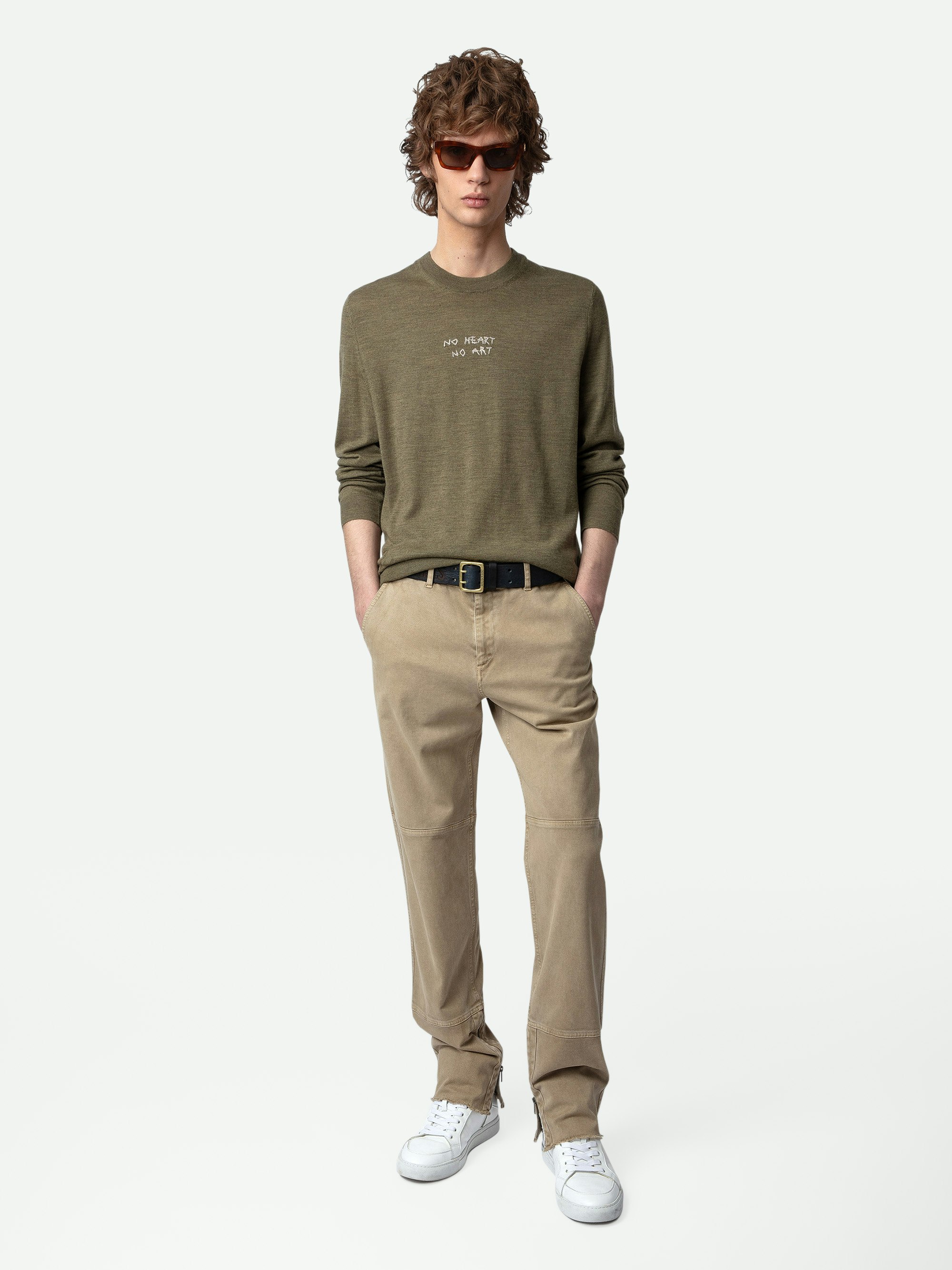 Pocky Trousers - Light beige cotton trousers with zip fly and raw edges.