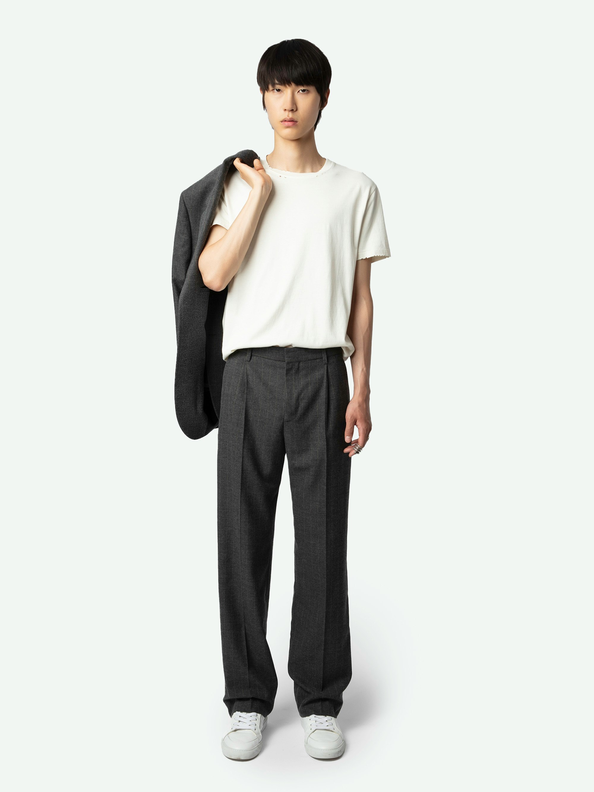 Pawl Trousers - Mottled grey wide-leg flannel trousers with stripes and Studio label.