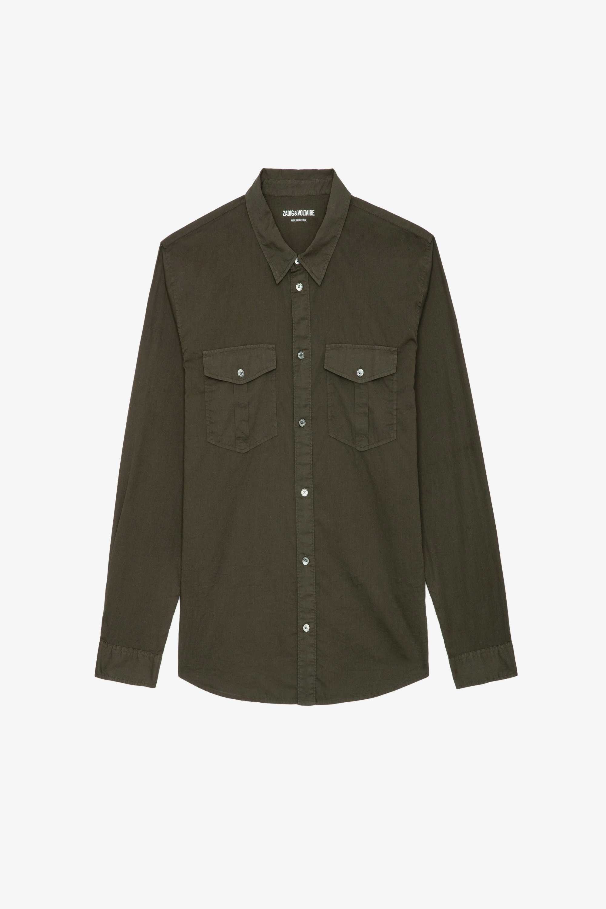 Thibault Shirt - Khaki cotton voile shirt with flap pockets.