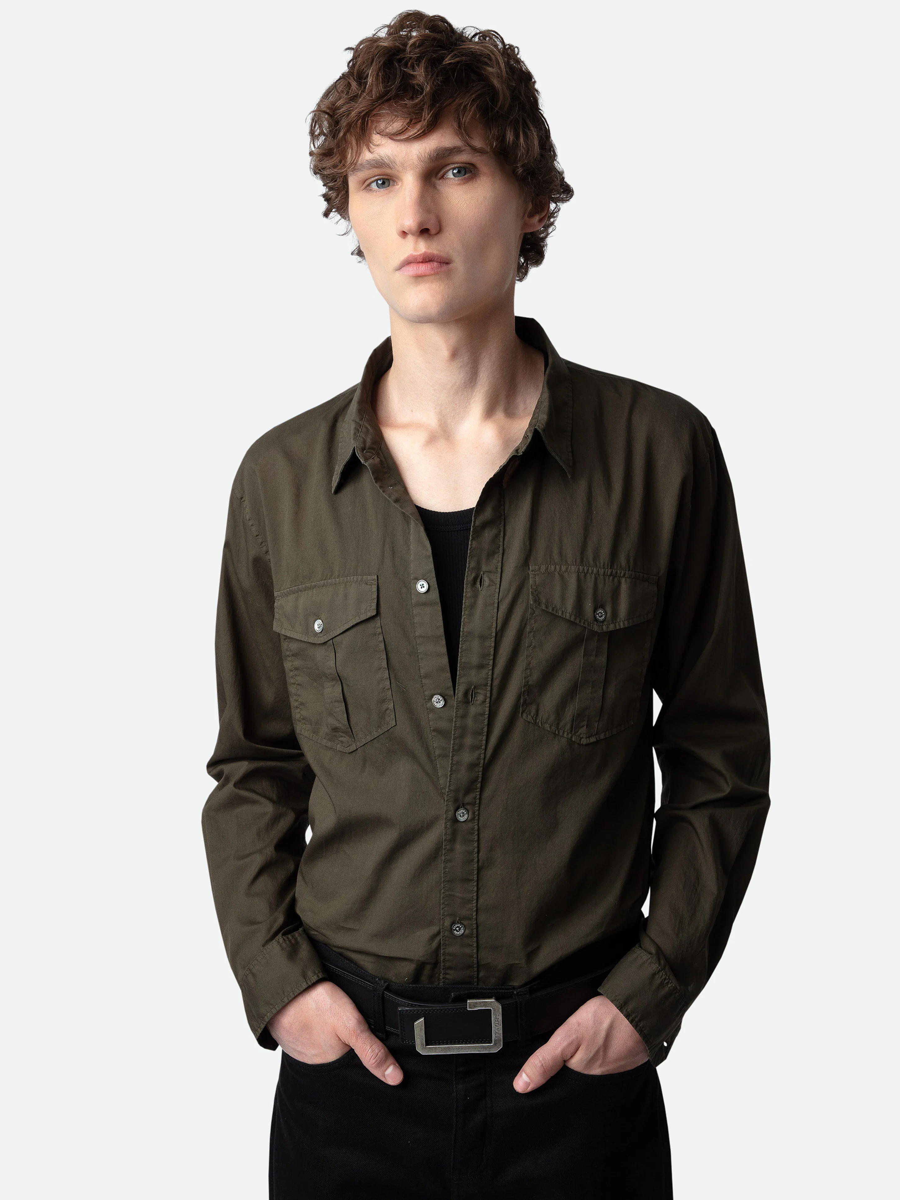 Chemise Militaire Homme Manches Longues en Coton Chemise Avec Poches