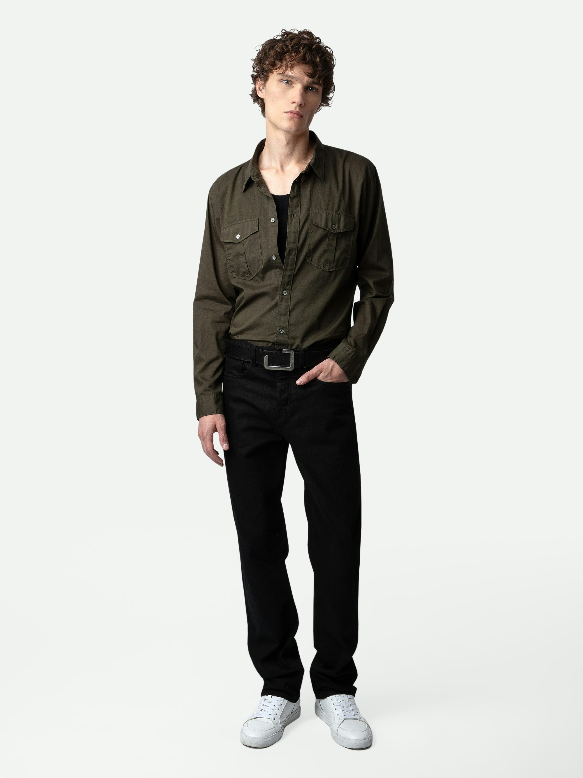 Thibault Shirt - Khaki cotton voile shirt with flap pockets.