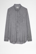 Serge Mili Shirt - Men's gray cotton shirt with embroidered skull