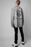 Serge Mili Shirt - Men's gray cotton shirt with embroidered skull