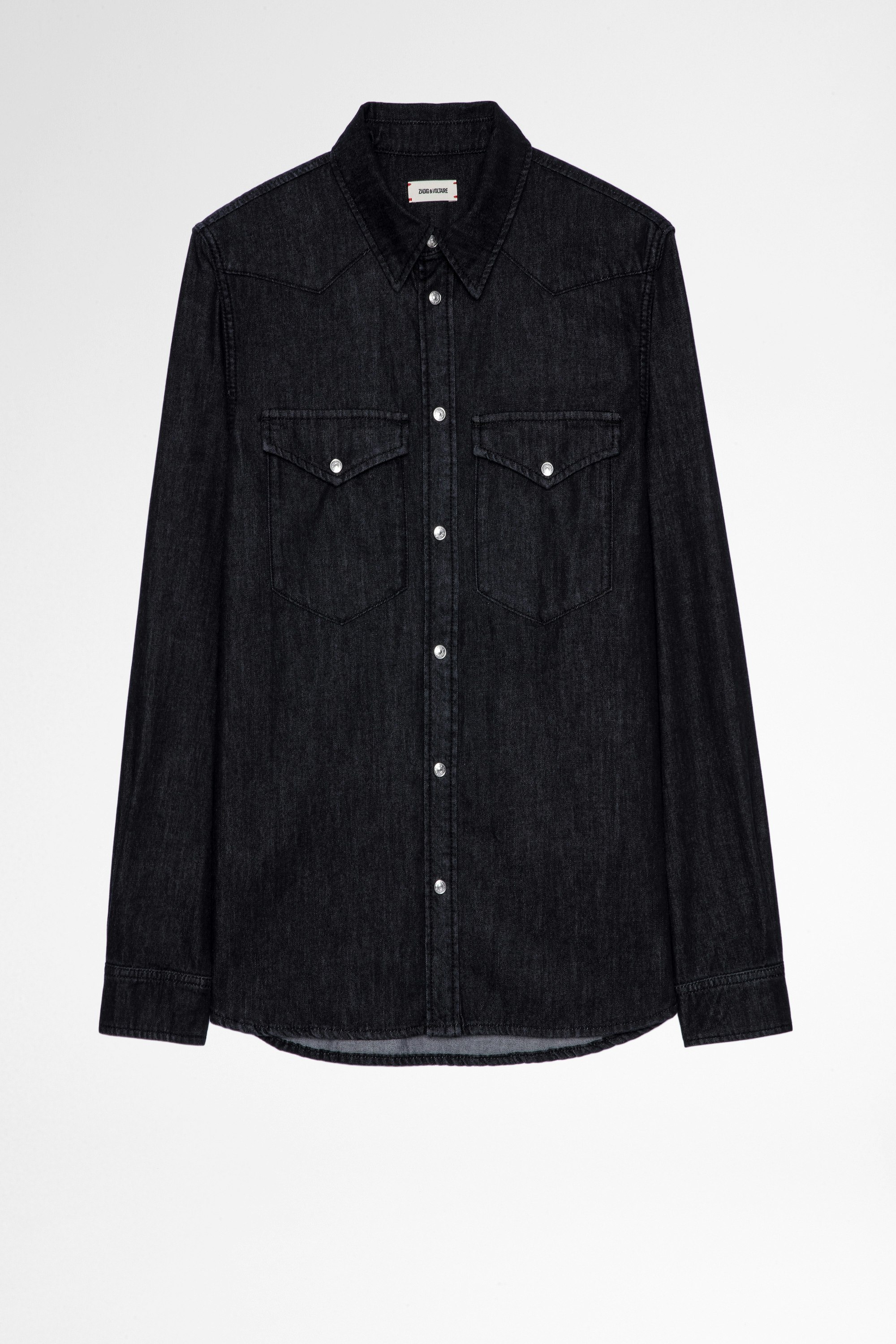 Hemd Stan Denim Herrenhemd aus schwarzem Baumwolle-Denim Art Lover. Dieses Produkt ist nach GOTS zertifiziert und aus Fasern aus biologischem Anbau hergestellt.