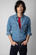 Camicia Stan denim - Camicia di jeans blu con stampa C'est Alright sul retro, da uomo