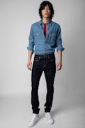 Camicia Stan denim - Camicia di jeans blu con stampa C'est Alright sul retro, da uomo