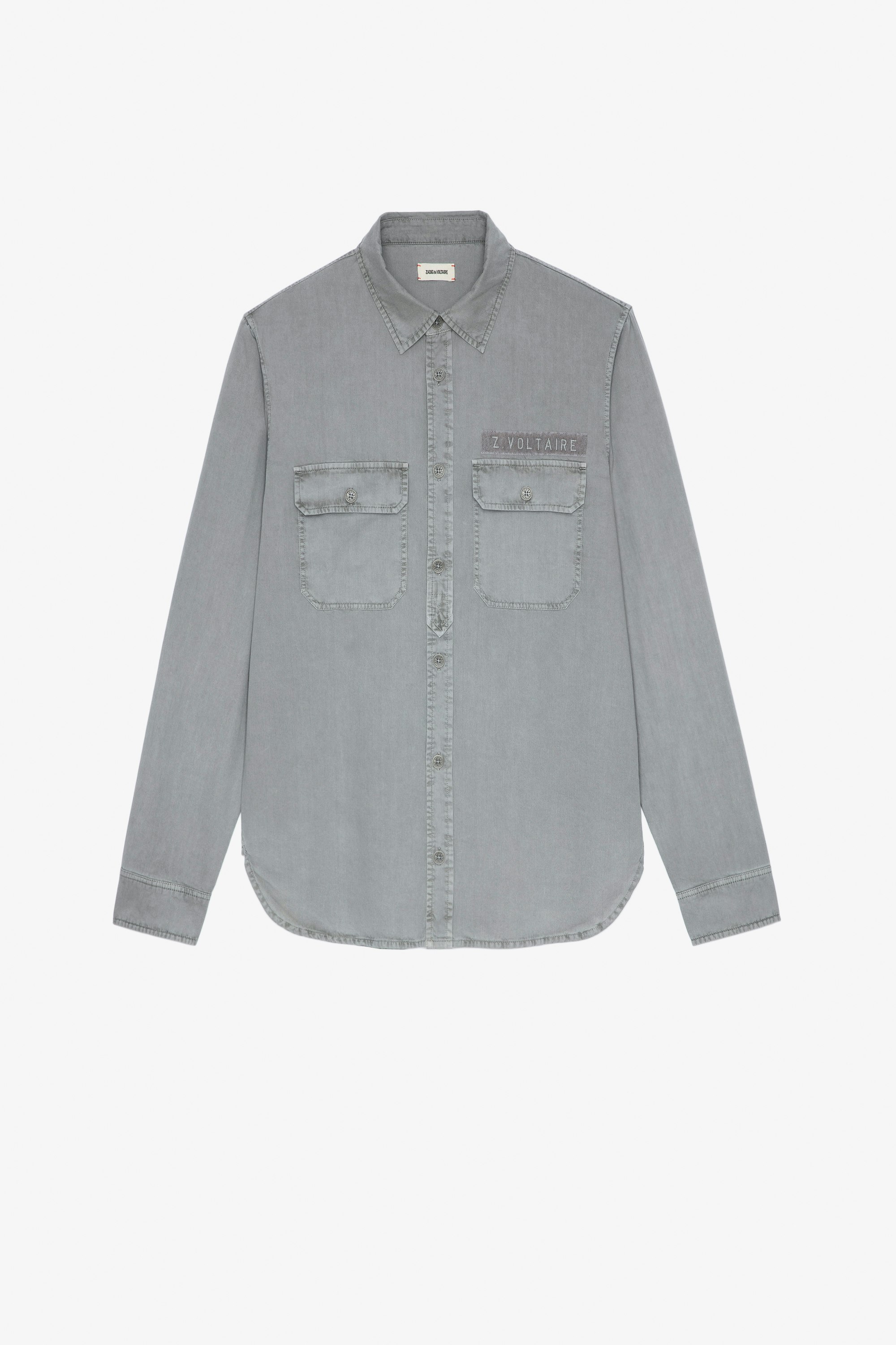 Camisa Serge Tab Camisa militar gris de manga larga de sarga de algodón para hombre