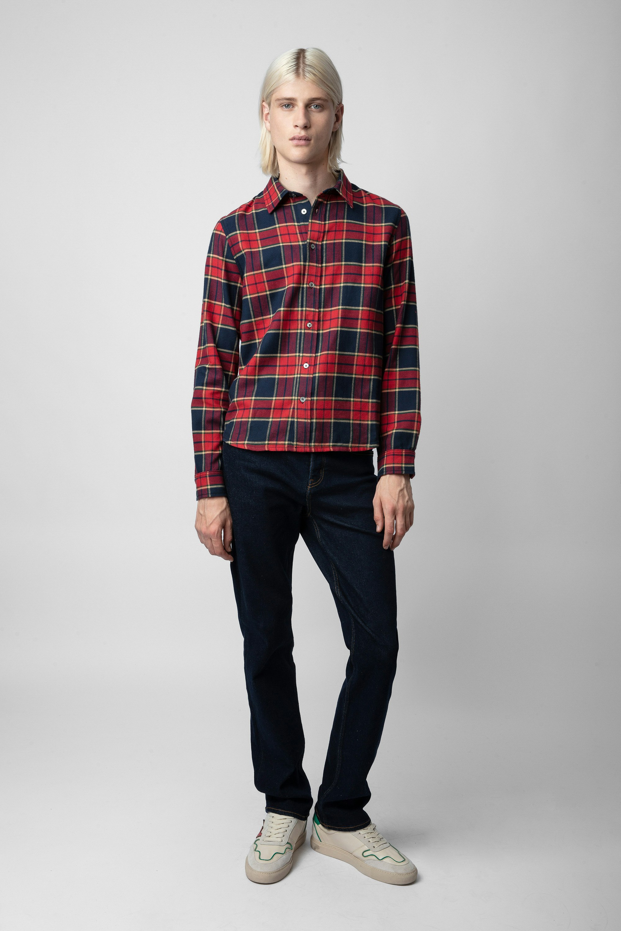 Stan Shirt - Men’s checked red cotton shirt with a Skull motif on the back.