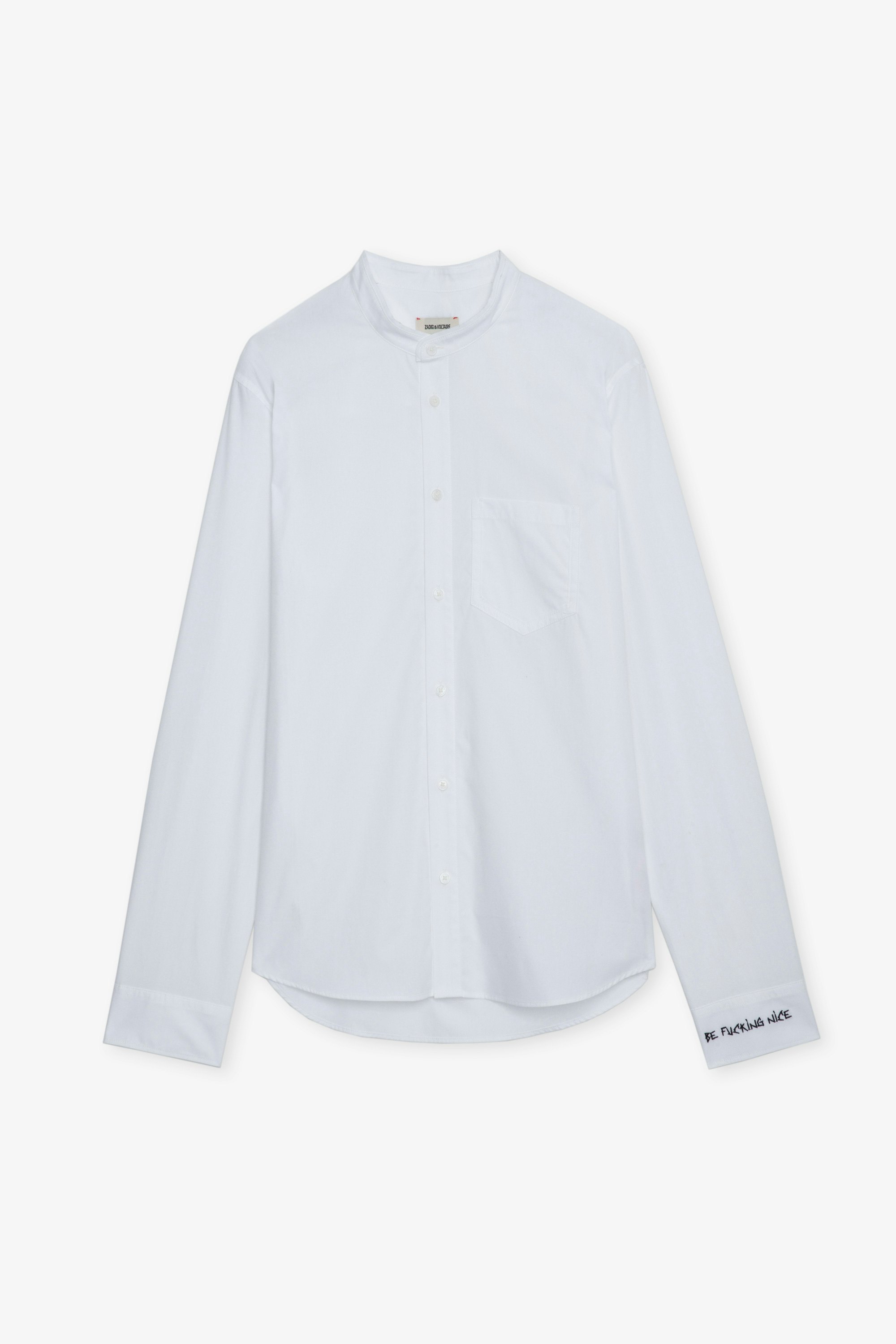 Sydney Shirt - Cotton poplin shirt with band collar featuring raw edge finishes and embroidery on the left cuff.