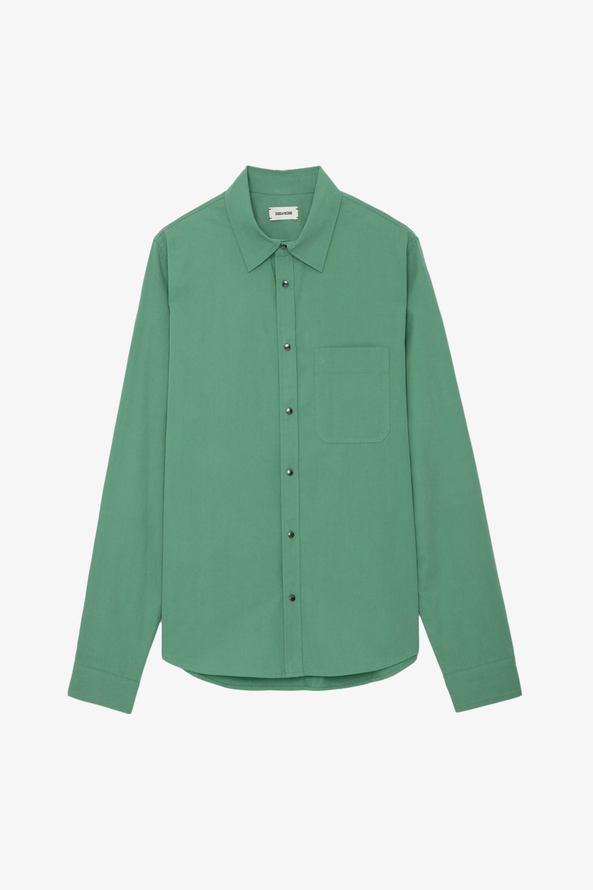Camisa Stan - Camisa verde de sarga de algodón con bolsillo de parche y detalles decorativos de Humberto Cruz en la espalda.