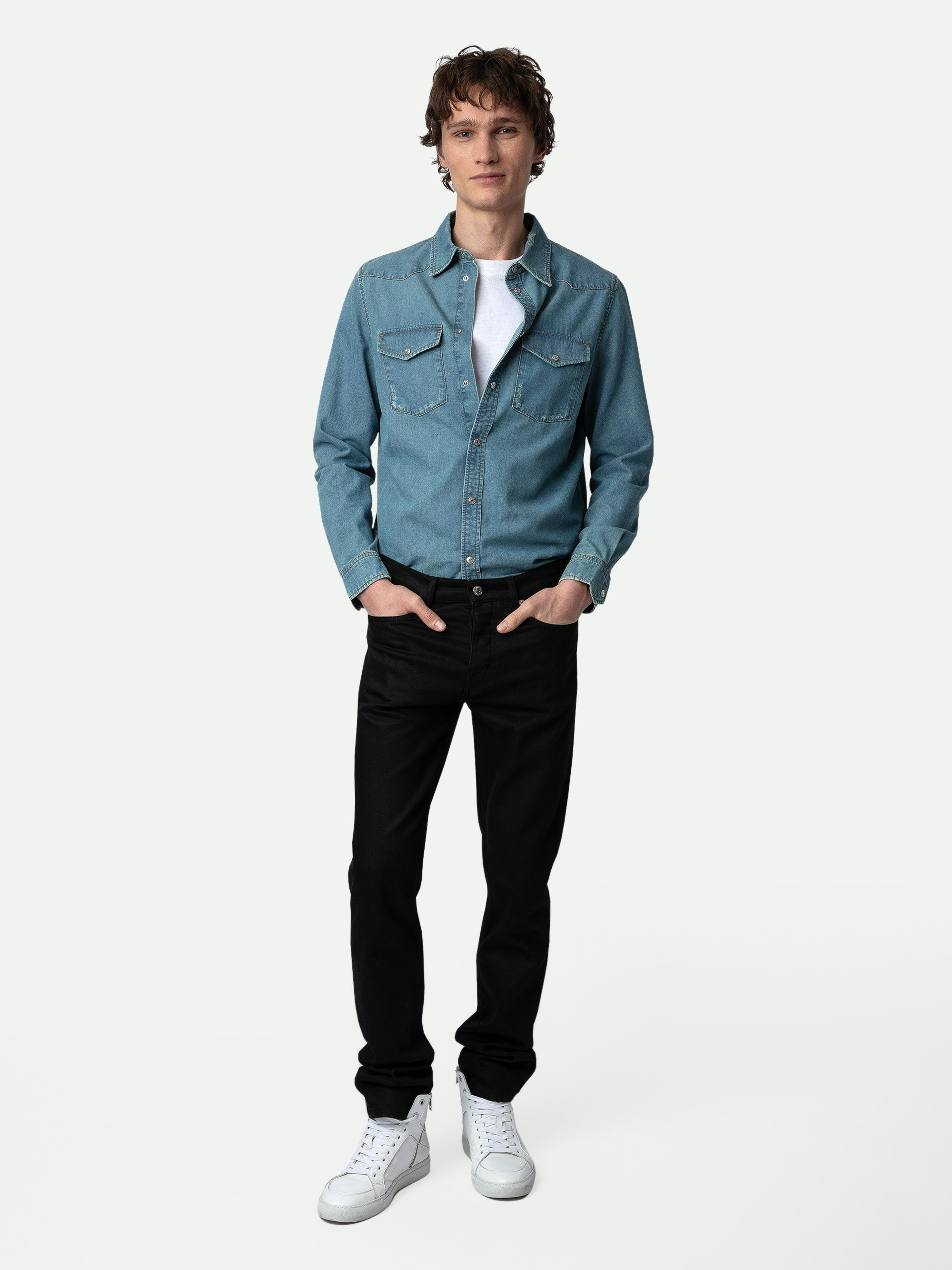 Stan Denim Shirt - Distressed-effect blue denim shirt with long sleeves.