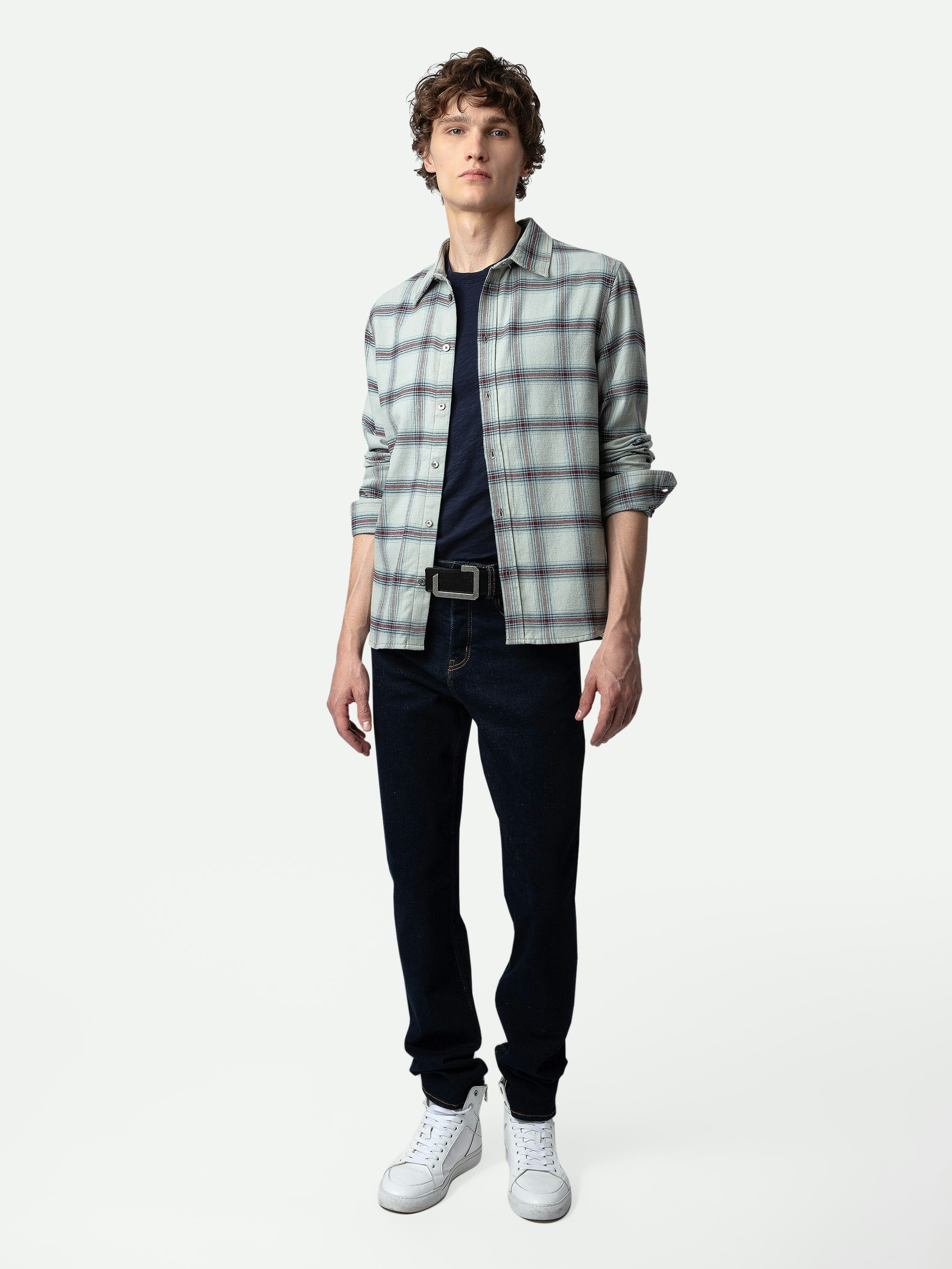 Stan Shirt - Checked grey cotton flannel buttoned shirt with distressed-effect Studio Homme flocking on the back.