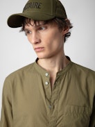 Thibault Band Collar Shirt - Khaki cotton voile long-sleeved shirt with band collar.