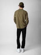 Thibault Band Collar Shirt - Khaki cotton voile long-sleeved shirt with band collar.