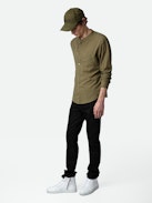 Thibault Band Collar Shirt - Khaki cotton voile long-sleeved shirt with band collar.