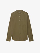 Thibault Band Collar Shirt - Khaki cotton voile long-sleeved shirt with band collar.