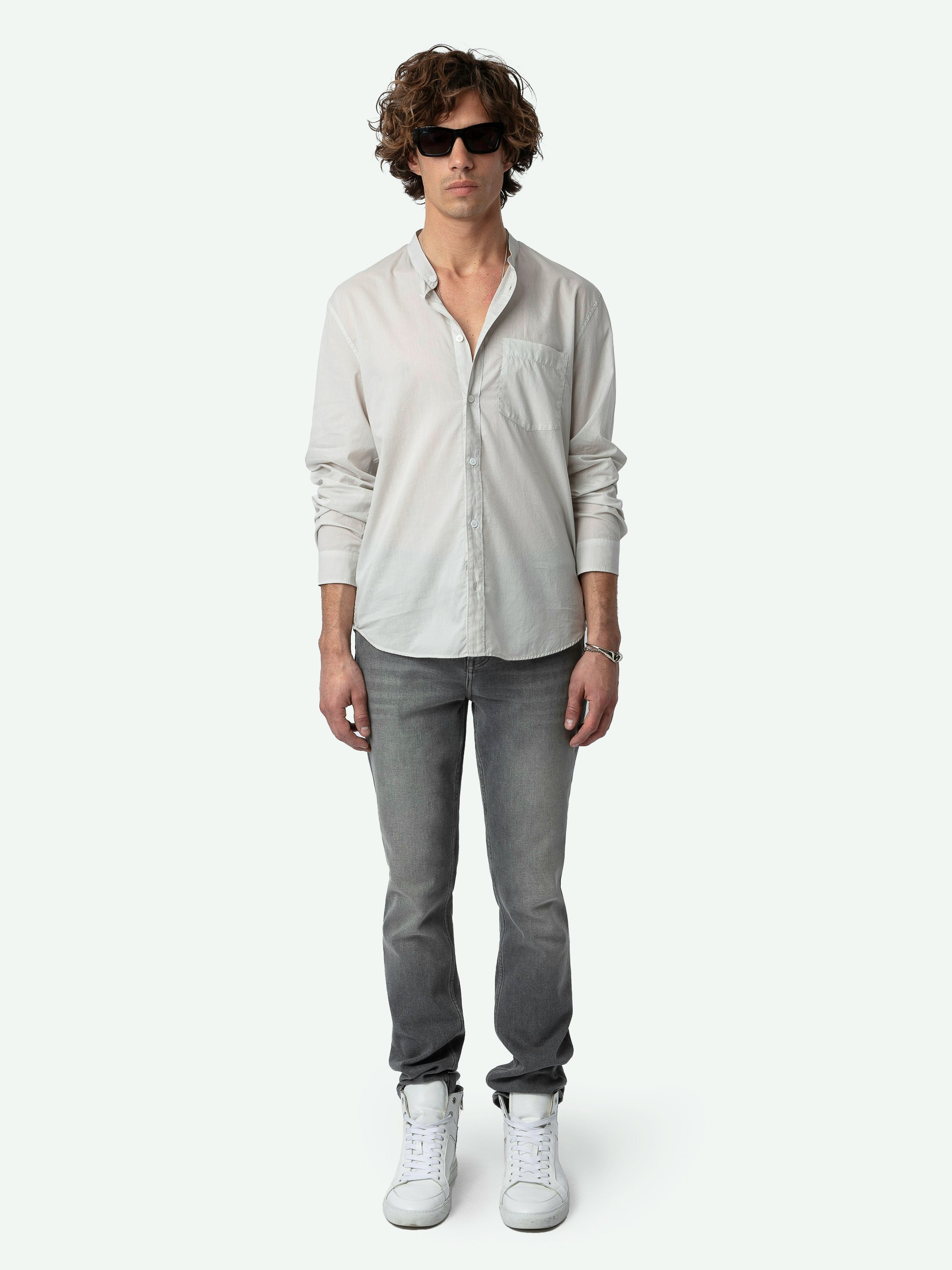 Thibault Shirt - Long-sleeved round neck cotton voile shirt with pocket.