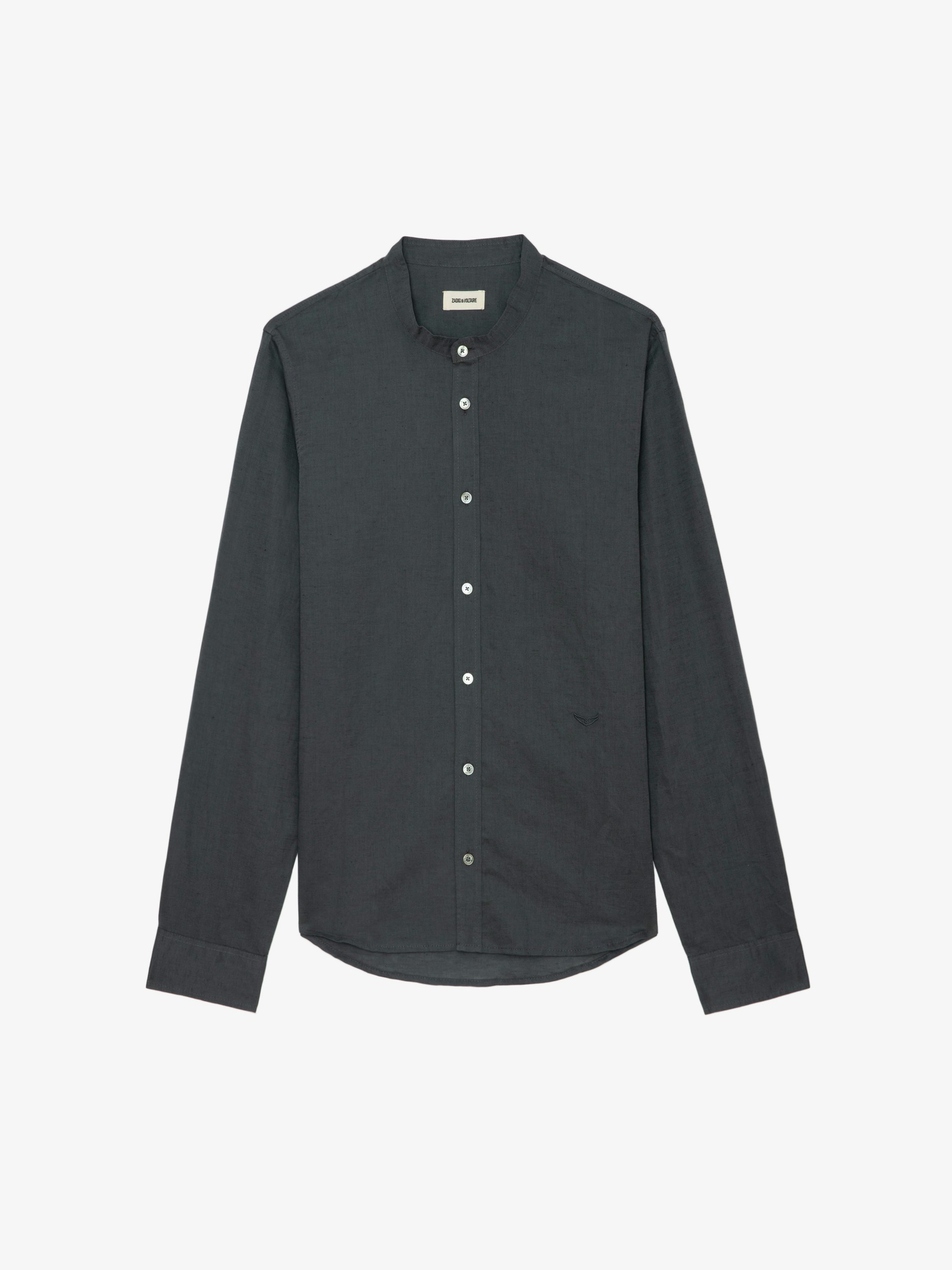 Stan Shirt - Fitted linen shirt with mandarin collar and wing embroidery, long sleeves and button fastening.