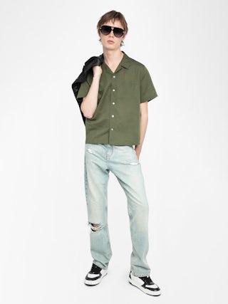 Slony Shirt - Casual linen/cotton shirt with embroidered wings, short sleeves and button fastening.