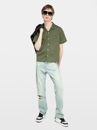 Slony Shirt - Casual linen/cotton shirt with embroidered wings, short sleeves and button fastening.