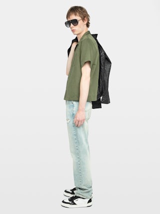 Slony Shirt - Casual linen/cotton shirt with embroidered wings, short sleeves and button fastening.