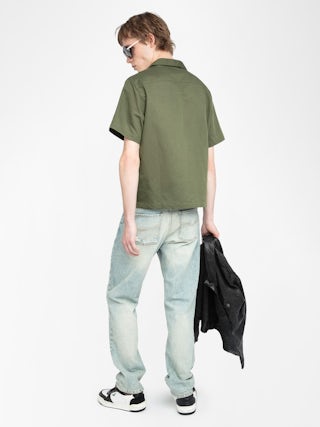 Slony Shirt - Casual linen/cotton shirt with embroidered wings, short sleeves and button fastening.