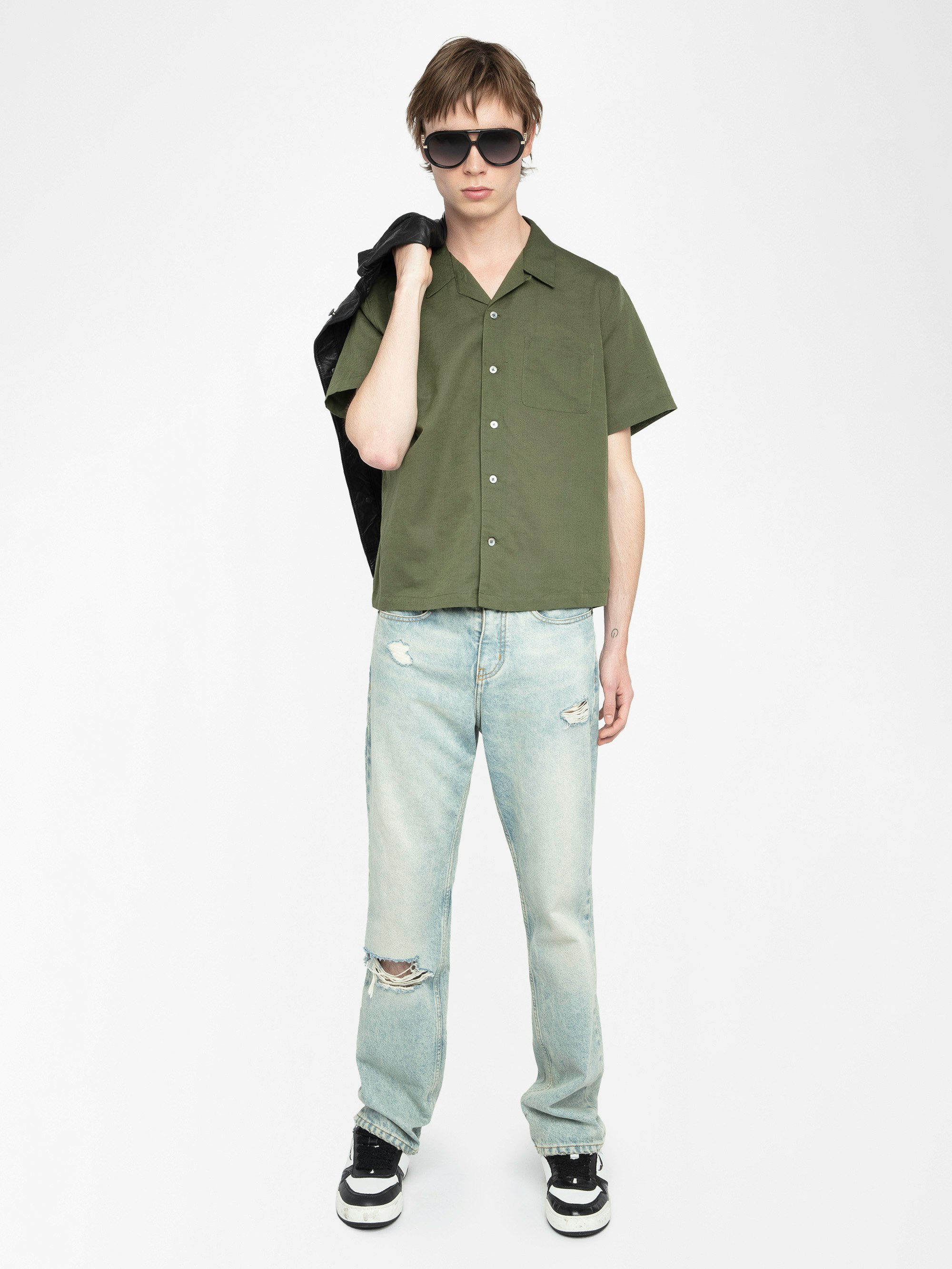 Camisa Slony - Camisa casual de lino/algodón con alas bordadas, mangas cortas y cierre abotonado.