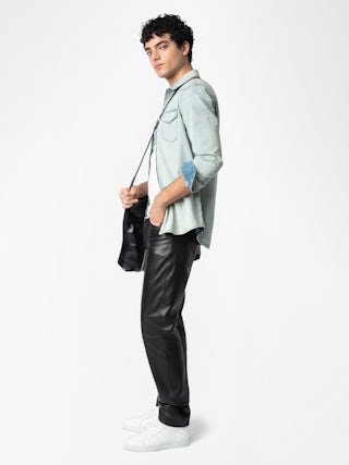 Camicia Saby In Denim - Camicia aderente in denim stile western con ricamo ad ali, maniche lunghe e chiusura con bottoni.