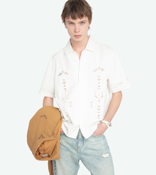 Sam Shirt - Regular fit cotton linen shirt with western-inspired embroidery, short sleeves and button fastening.