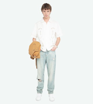 Sam Embroidery Shirt - Regular fit cotton linen shirt with western-inspired embroidery, short sleeves and button fastening.